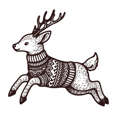 deer wearing a Christmas sweater, winter holidays vintage sketch