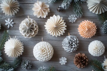 flat lay, top view of a collection of paper honeycomb Christmas ornaments in white, beige, and grey tones, arranged on a simple, wooden background