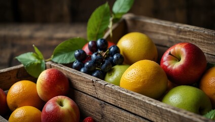 Freshly picked organic fruits in a rustic crate showcasing vibrant colors.