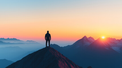 Fototapeta premium Visionary Leadership: A figure standing on a mountaintop, gazing into the horizon as the sun rises, symbolizing visionary leadership and the ability to see beyond the present towards future possibilit
