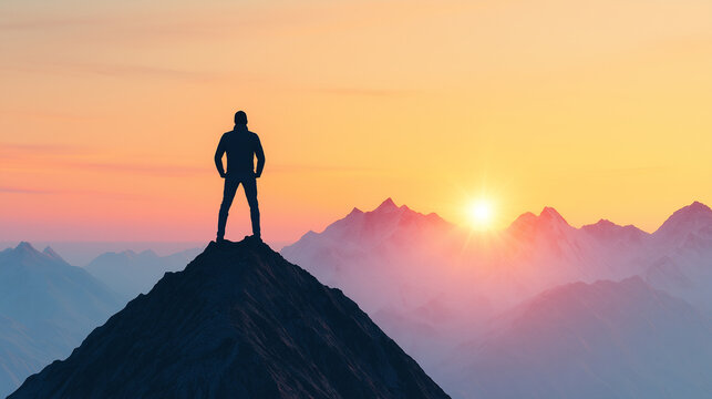 Visionary Leadership: A figure standing on a mountaintop, gazing into the horizon as the sun rises, symbolizing visionary leadership and the ability to see beyond the present towards future possibilit