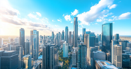 City Skyline and Skyscrapers Under Blue Sky and White Clouds Aerial View