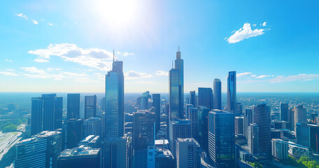 Fototapeta premium City Skyline and Skyscrapers Under Blue Sky and White Clouds Aerial View