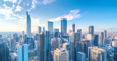 Obraz premium City Skyline and Skyscrapers Under Blue Sky and White Clouds Aerial View