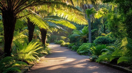 Sun Dappled Path Through Lush Fern Grove
