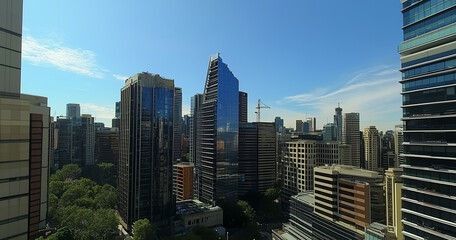 Obraz premium Aerial View of City Skyline and High-Rise Buildings Under Blue Sky and White Clouds