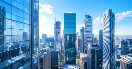 Obraz premium City Skyline and Skyscrapers Under Blue Sky and White Clouds Aerial View