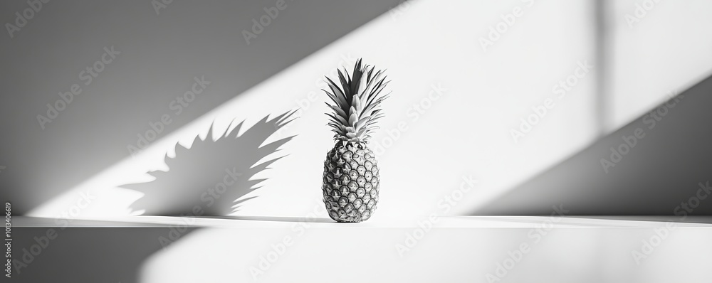 Poster pineapple in black and white with shadow on white background