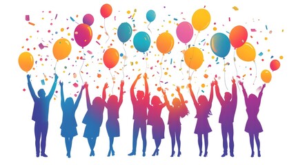 Happy team celebrating birthday together, vector illustration on a white background, in a minimalist style, with a flat design