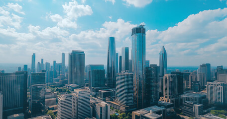 Fototapeta premium City Skyline and Skyscrapers Under Blue Sky and White Clouds Aerial View