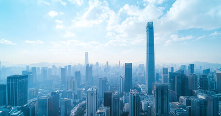 City Skyline and Skyscrapers Under Blue Sky and White Clouds Aerial View