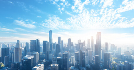 Fototapeta premium City Skyline and Skyscrapers Under Blue Sky and White Clouds Aerial View