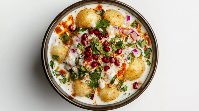 Top view of dahi bhalla in bowl on white background