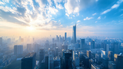 Aerial View of City Skyline and High-Rise Buildings Under Blue Sky and White Clouds