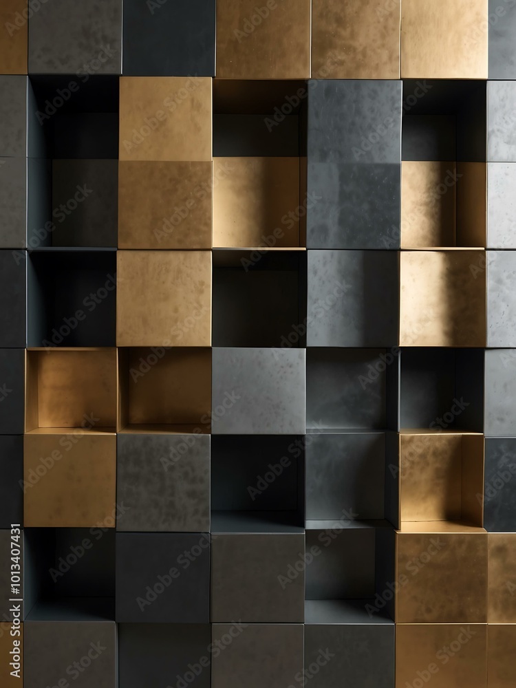 Poster geometric cube pattern featuring metallic and matte surfaces.
