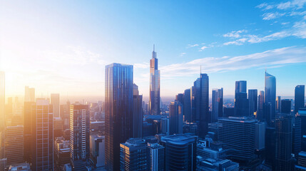 Obraz premium Aerial View of City Skyline and High-Rise Buildings Under Blue Sky and White Clouds