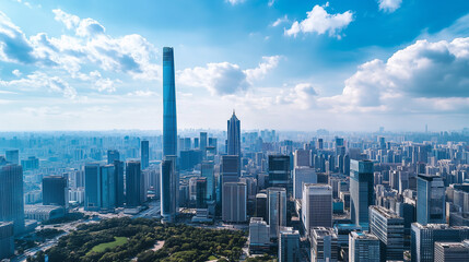 Fototapeta premium Aerial View of City Skyline and High-Rise Buildings Under Blue Sky and White Clouds