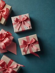 Gift boxes with pink ribbons are displayed against a blue background.