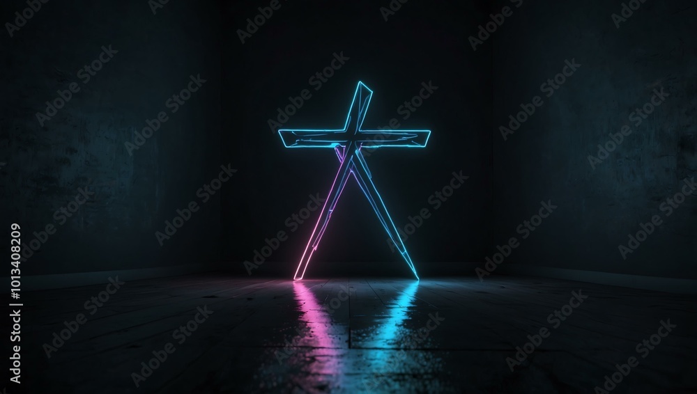 Poster glowing neon triangle with an inverted cross reflected on a glossy floor in a dark room. 3d render.