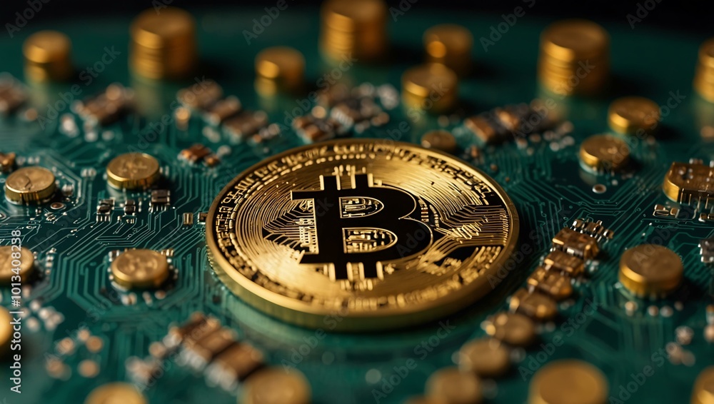 Poster gold bitcoin coins on a circuit board, representing digital assets and blockchain.