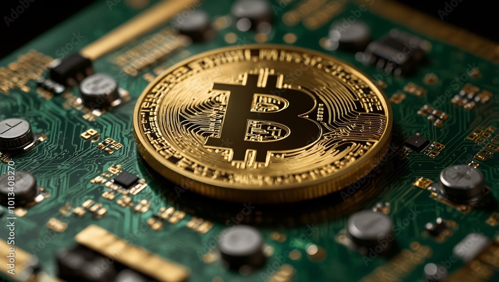 Aufkleber gold bitcoin coins on a circuit board, representing digital assets and blockchain.