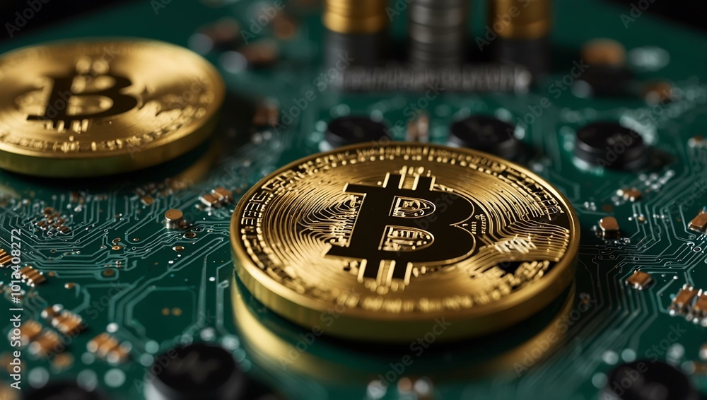 Poster gold bitcoin coins on a circuit board, representing digital assets and blockchain.