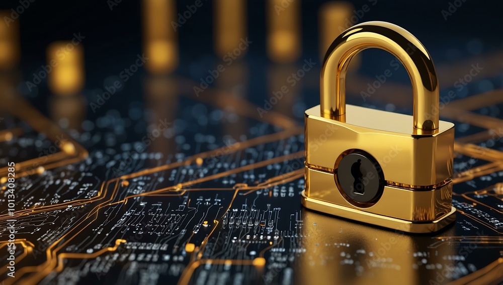 Poster golden 3d padlock with circuits symbolizing data protection.