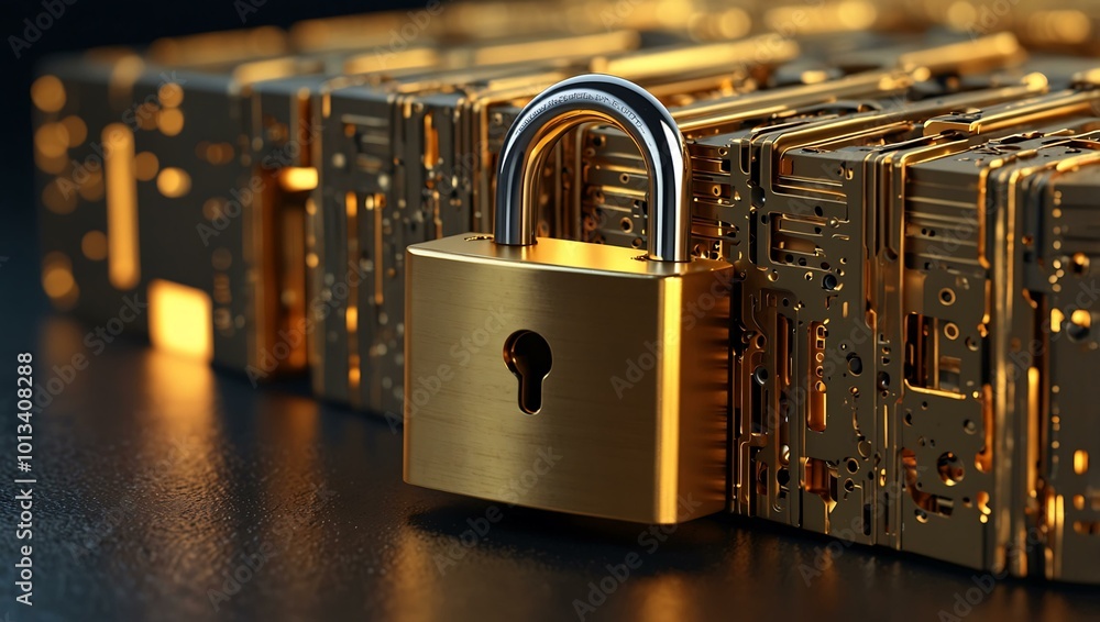 Poster golden 3d padlock with circuits symbolizing data protection.