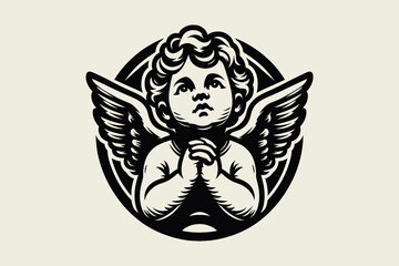 Praying little angel, cupid. Round black vector badge, logo, icon