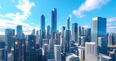 Fototapeta premium Aerial View of City Skyline and High-Rise Buildings Under Blue Sky and White Clouds