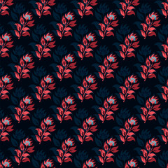 A blue and red floral pattern is displayed on a black background. The flowers are red and blue, and the pattern is made up of many small flowers. Scene is cheerful and lively