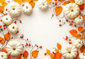 Fall background design with orange pumpkins and fall leaves on a light surface design