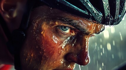 A close-up of a determined cyclist, drenched in sweat, showcasing intense focus and effort.