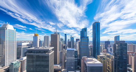 Aerial View of City Skyline and High-Rise Buildings Under Blue Sky and White Clouds