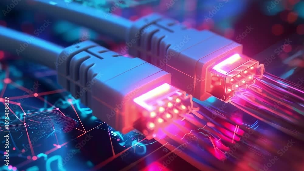 Poster two network cables transferring data with light trails visualized over a circuit board, symbolizing 