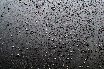Straight view of water droplets on dark cover background. Water or rain droplets and wallpaper design concept