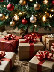 Group of wrapped Christmas gifts under a tree with festive lighting.