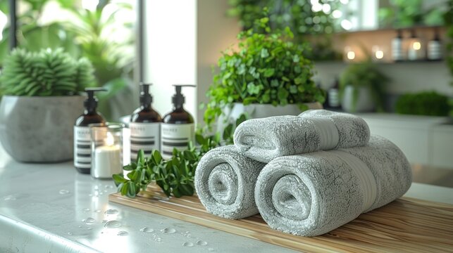 Relaxing spa essentials arranged on a wooden countertop with lush greenery in a serene environment. Generative AI