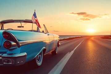 Vintage Convertible Car With American Flag Driving Into Sunset On Coastal Highway