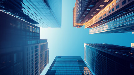 Fototapeta premium Awesome Urban View from Below: Tall Buildings Under a Blue Sky