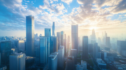 Aerial View of City Skyline and High-Rise Buildings Under Blue Sky and White Clouds
