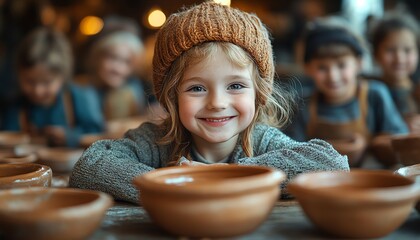 A family experiencing a handson potterymaking workshop, surrounded by local artisans and traditional crafts
