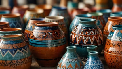 Handcrafted pottery with vibrant geometric patterns at a local artisan market in the afternoon.