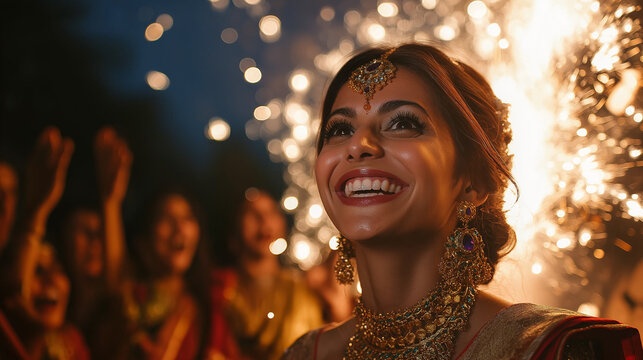 The joyous moment when fireworks light up the sky during the celebration of a Traditional Indian wedding, with guests cheering in the background