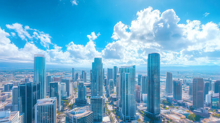 Fototapeta premium City Skyline and Skyscrapers Under Blue Sky and White Clouds Aerial View