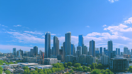 City Skyline and Skyscrapers Under Blue Sky and White Clouds Aerial View