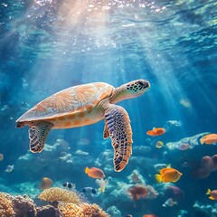 Fototapeta premium Lively sea turtle swimming among vibrant coral reefs and marine life image