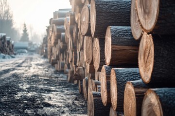 Piles Of Stacked Logs In Forest Wood Cutting Logging Industry Timber Harvesting