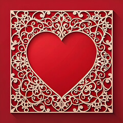 Laser cut template of ornamental frame with openwork decoration on red background. Wedding or Valentine's day invitation card with lacy edge of border. Vintage style. Shape of heart vector silhouette