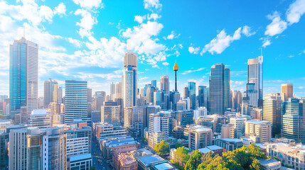 Obraz premium City Skyline and Skyscrapers Under Blue Sky and White Clouds Aerial View